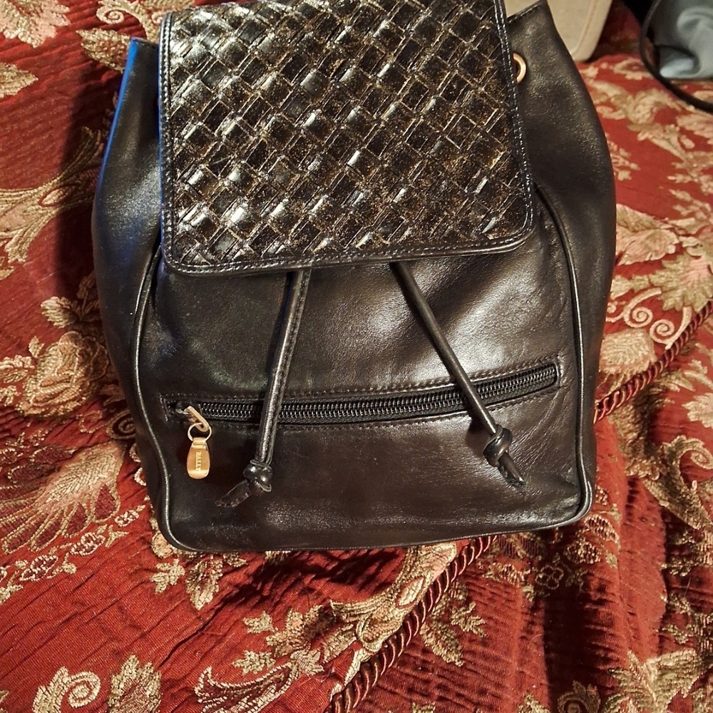 Bally Black Leather Backpack with Glittered Textured Flap